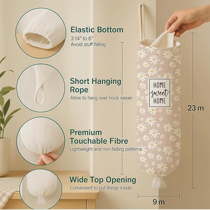 Plastic Bag Holder, Home Sweet Home Plastic Bag Holder for Kitchen Essentials, Daisy Bags Holders for Plastics Bags Groceries Store, Floral Reusable Plastics Sack Storage Dispenser forKitchen Decor