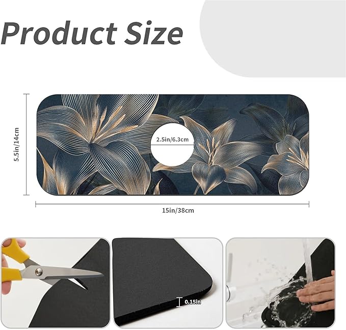 Kitchen Sink Splash Guard，Abstract dark art flowers Faucet Mat Sink Gadgets-Super Absorbent Fast Drying Mat Drip Catcher for Kitchen, Bathroom,Sink Mat, Dish Drying Mat, Bathroom(15" X 5.5" )