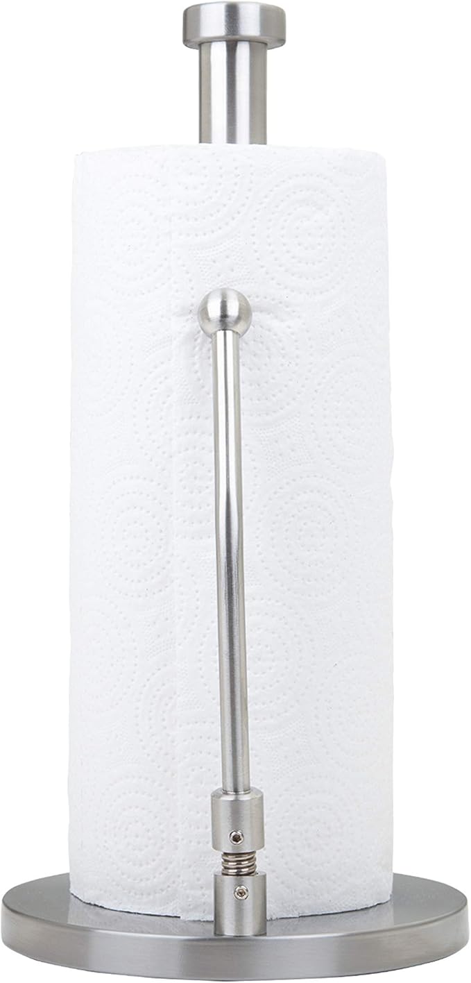 Stainless Steel Paper Towel Holder with Tension Arm – Heavy Weighted Countertop Kitchen Roll Holder, One-Hand Tear Design, Modern Metal Paper Towel Stand