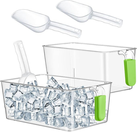 Havawish 2 Set Ice Bin and Flexible Scoop Set Plastic Freezer Ice Bin with Pull Out Handle Storage Bucket Clear for Container with Bucket Scoop (10.83 x 7 x 4.33 in,10.83 x 4.92 x 4.33 in,Green)