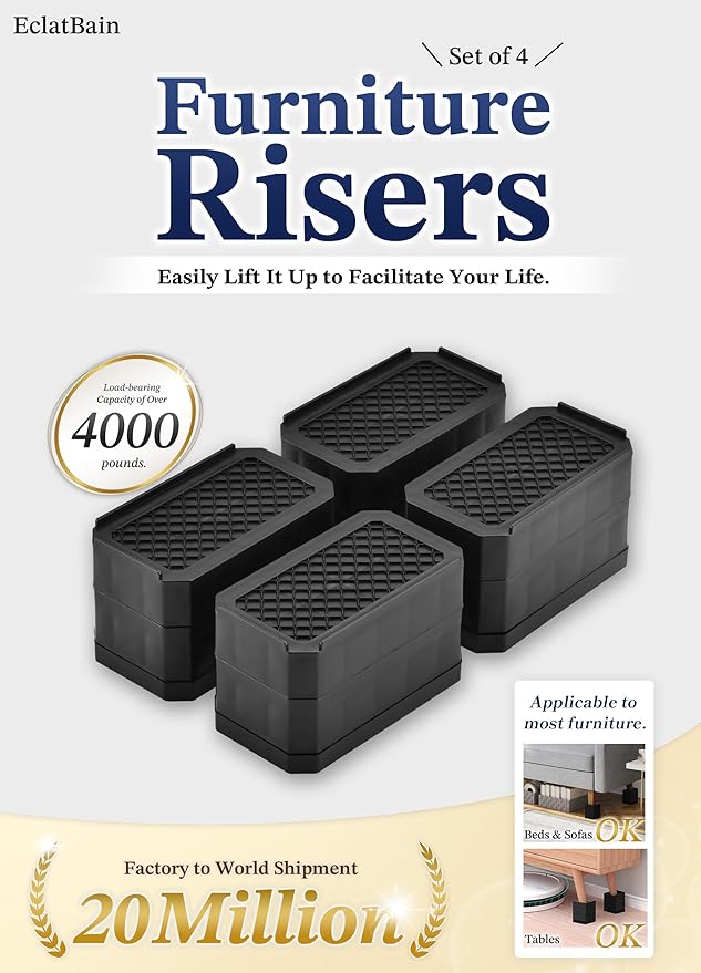 Rectangle Bed Risers Furniture Risers Heavy-Duty Rectangular Adjustable Block Lift to 3 inches and 4.3 inches Desk, Sofa, Chair Legs, Support up to 4000 pounds WH-3