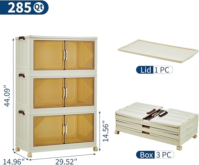 GarveeHome 285QT Stackable Storage Bins, Folding Storage Box with Magnetic Doors & Wheels, Loset Organizers and Storage with Lids, Collapsible Plastic Drawers for Bedroom Kitchen Office, White