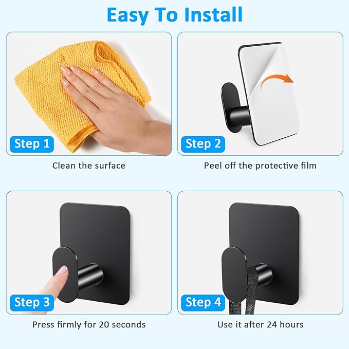 VZZNN Adhesive Wall Hooks 12 Pcs, Waterproof Matte Black Towel Hooks for Bathroom, Stainless Steel Sticky Hooks for Kitchen Shower with Strong Hold