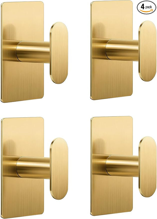 pickpiff Adhesive Towel Hooks for Bathroom: 20LB Extra Strong Wall Hanger for Shower Kitchen RV Dorm Apartment, Gold 4 Pack
