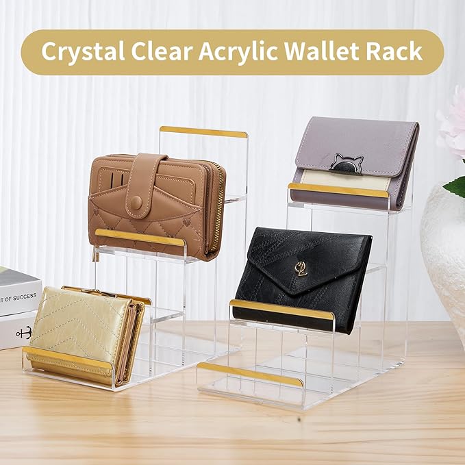Purse Display Stands, 2 Pack 4-Tier Acrylic Wallet Holder Risers Stand, 2-Inch Spacing Clear Clutch Rack Handbag Display Shelf, 4MM Thick Counter Wallet Organizer for Figure Sunglasses Retail Vendor
