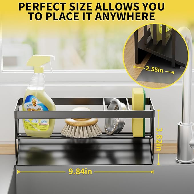 Kitchen Sink Caddy Organzier with Sponge Holder and Removable Drip Tray for Kitchen Sink, 304 Stainless Steel Organize for Sponge Soap Dish Brush Storage Accessories(Black