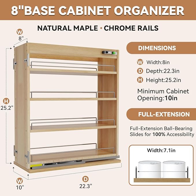 Pull Out Spice Rack Organizer for Cabinet (8" W x 22.3" D x 25.2" H), Sliding Spice Rack for Kitchen Cabinet, Wood Pull Out Cabinet Organizer for Multi-Use