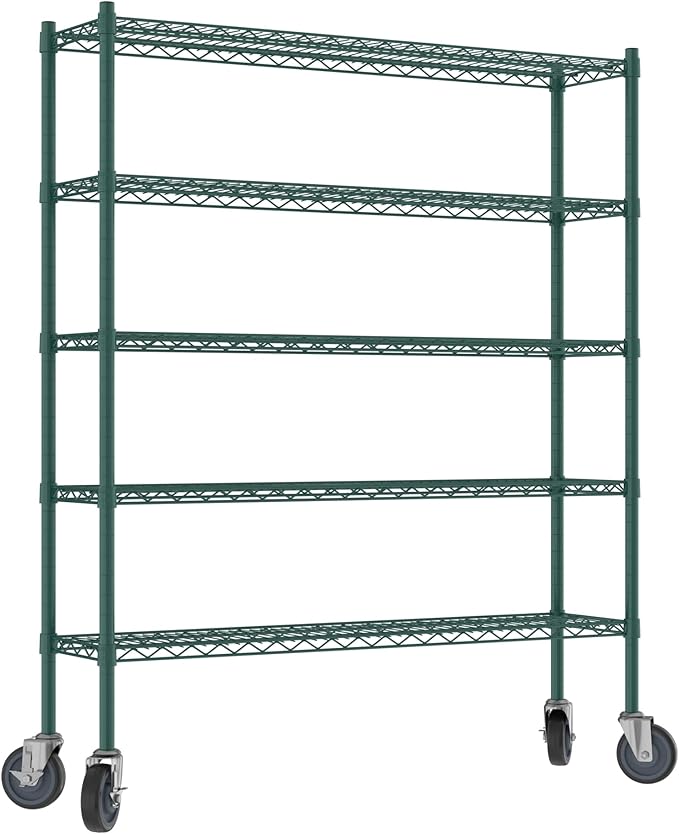 Commercial NSF Listed Green Epoxy Mobile Wire Shelving Kit 12" x 48" x 60", with 5 Shelves Perfect for Warehouse, Walk-in Refrigerator, Freezer, Grocery Store, Restaurant, Dishroom