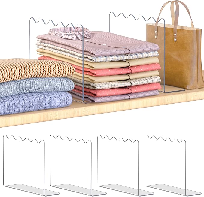 OKPOW Shelf Dividers for Closet Organization - 10" Tall X 12" Deep Acrylic Clear Separators for Clothes Purse - Vertical Wood Cabinet Shelf Divider Handbag Storage for Sweater Organizer Wife 4 Pack