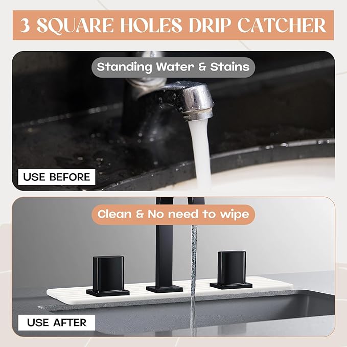 Teenyyou 3 Square Hole White Faucet Mat for Kitchen Sink 16.14" x 4.49" Kitchen Faucet Absorbent Mat Diatomite Splash Guard for Sink Quick Drying Stone Drip Catcher for Bathroom Counter