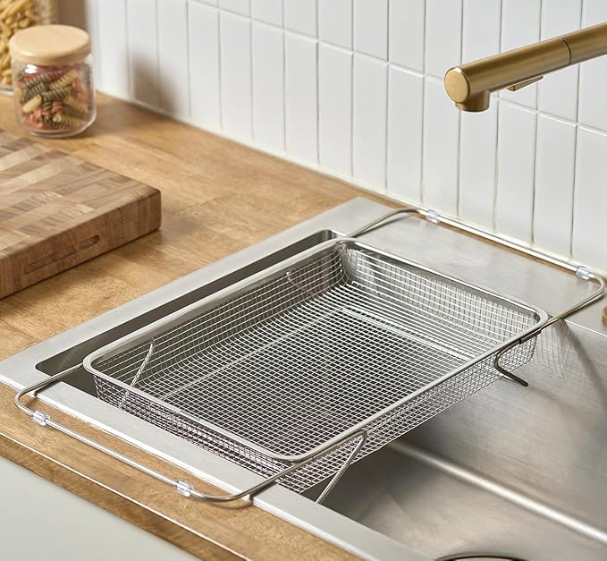 Extendable Dish Rack with Feet, Vegetable Colander Basket, Stainless Steel Dish or Silverware Drying Rack, Ultimate Kitchen Organizer Over The Sink (14.76 x 10.63 x 3.15 Inches)