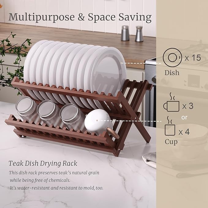 Teak Dish Drying Rack,Folding Collapsible Drainer Plate Organizer Holder for Kitchen,Foldable Spice Rack for Countertop and Cabinet,Pantry Organization and Storage