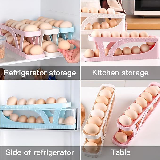 2pcs Egg Dispenser Automatic Rolling Egg Tray Organizer, Space Saving Side Door Refrigerator Egg Roller Basket, Suitable for Kitchen, Cabinets, Dining Table (Pack of 2 White)