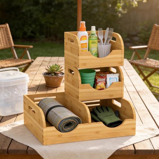 Upgraded 3 Tier Bamboo Pantry Storage Bins, Stackable Potato and Onion Storage Bin with Airflow Vent, Potato Storage, Pantry Baskets, Vegetable Storage, for Kitchen Countertop, Cabinet, Living Room
