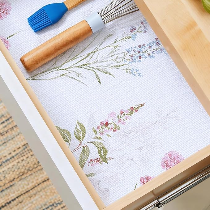 Terravue Floral Shelf Liner for Kitchen Cabinets Non Adhesive Drawer Liners Non Slip Cupboard Liner Flower Cabinet Liners Strong Grip Kitchen Shelves Dresser Waterproof Easy to Clean 12IN x 10FT