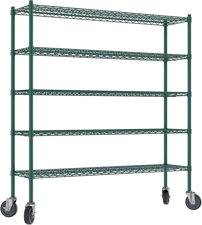 Commercial NSF Listed Green Epoxy Mobile Wire Shelving Kit 14" x 54" x 60", with 5 Shelves Perfect for Warehouse, Walk-in Refrigerator, Freezer, Grocery Store, Restaurant, Dishroom