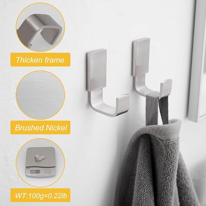 BESy Brass Clothes Hook Single Towel Hook for Bathroom Kitchen Garage Square Style Robe Hooks Coat Hooks Hat Hook, Self Adhesive with Glue or Wall Mounted with Screws, Four Packs, Brushed Nickel