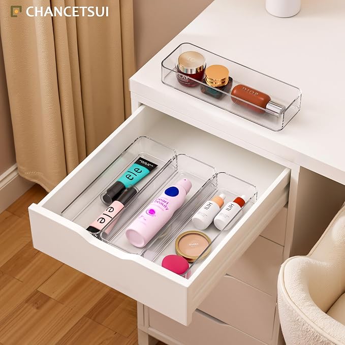 CHANCETSUI Clear Vanity Drawer Organizer Storage : Stackable Plastic Storage Tray For Makeup And Personal Care, 4 Pieces, 3x9 Inch
