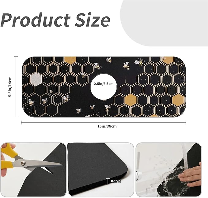 Kitchen Sink Splash Guard，Hive and Bee Faucet Mat Sink Gadgets-Super Absorbent Fast Drying Mat Drip Catcher for Kitchen, Bathroom,Sink Mat, Dish Drying Mat, Bathroom(15" X 5.5" )