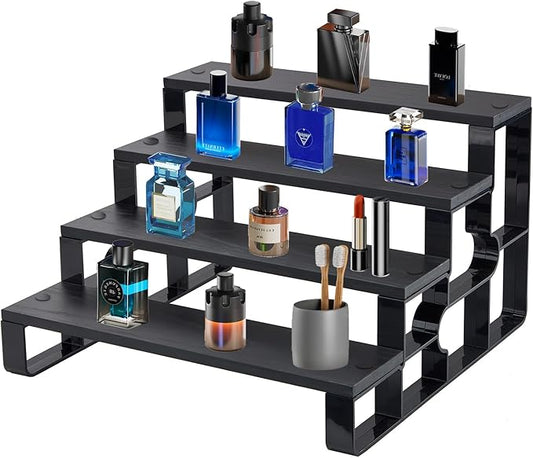 4 Tier Perfume Organizer for Dresser,Black Wood Cologne Stand for Men,Mens Shelf Decor for Bedroom,Perfume Holder for Bathroom,Risers Display Stands for Makeup,Party,Figures,Cupcake(Width=11.2")