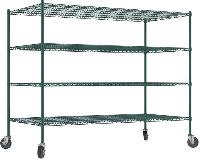 Commercial NSF Listed Green Epoxy Mobile Wire Shelving Kit 36" x 72" x 60", with 4 Shelves Perfect for Warehouse, Walk-in Refrigerator, Freezer, Grocery Store, Restaurant, Dishroom