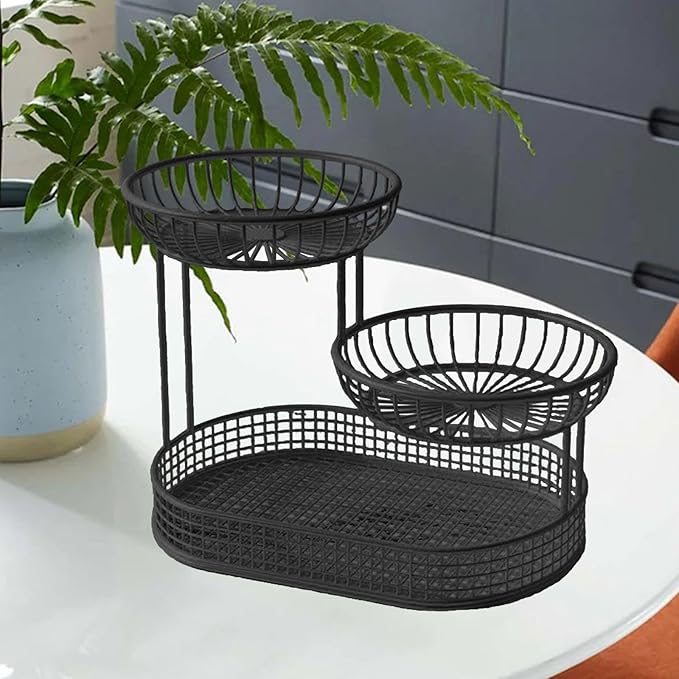 3 Layer Fruit Basket Fruit Holder Space Saver Serving Stand Metal Wire Storage Basket Bread Basket Vegetable Rack for Holdiay, black