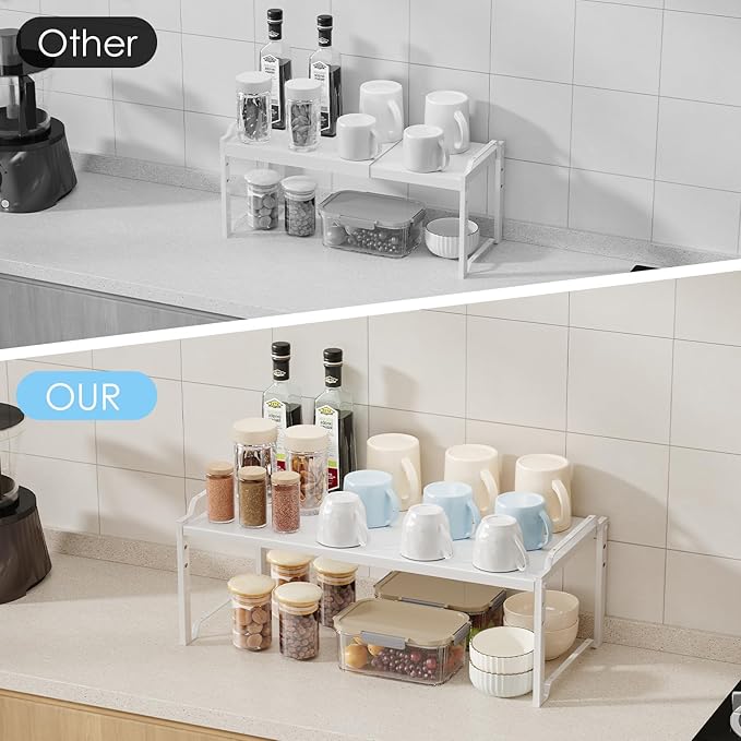 2 Pack 11” Width Expandable Kitchen Cabinet Organizer Shelves, Heavy Duty Kitchen Countertop Organizers and Storage Rack, Stackable Metal Small Storage Shelf For Pantry Counter Cupboard Organization