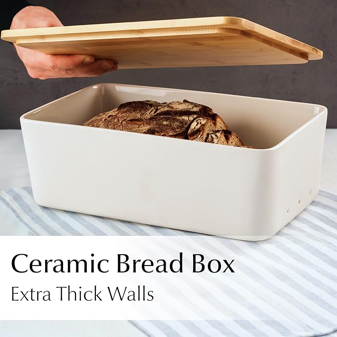 MIAMIO – Bread Box for Kitchen Countertop/Ceramic Bread Box with Cutting Board, Bread Container with Bamboo Lid, 12.6 x 7.9 x 4.5 inches