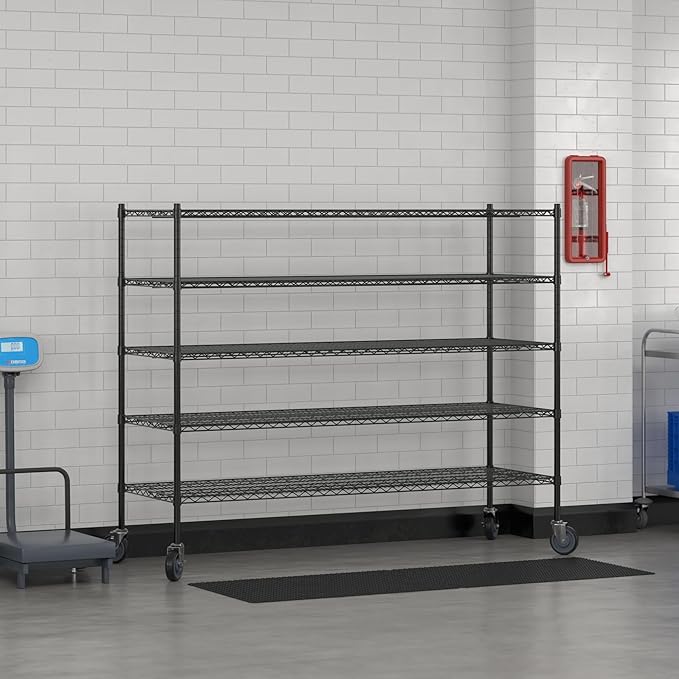 Commercial NSF Listed Black Epoxy Mobile Wire Shelving Kit 24" x 72" x 60", with 5 Shelves Perfect for Warehouse, Walk-in Refrigerator, Freezer, Grocery Store, Restaurant, Dishroom