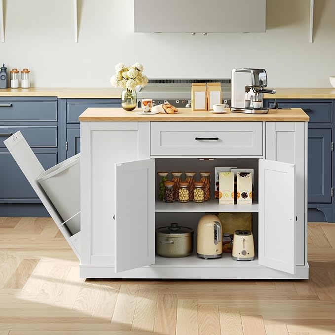 HOOBRO Kitchen Island with Trash Can Storage, Rolling Kitchen Island Cart with & Power Outlet, Island Table with Spice Rack & Drawer, for Kitchen, White and Natural WN20UZD01