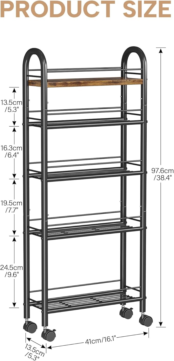 Slim Storage Cart, 5 Tier Narrow Utility Cart with Metal Frame and Wooden Top, Rolling Storage Organizer Shelving Unit for Kitchen, Dining Room, Living Room,Home Office, Vintage