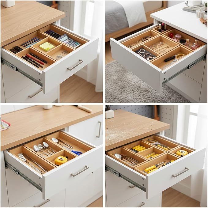5-Piece Bamboo Drawer Organizer Set Wooden Drawer Organizer for Office，Kitchen Wood Drawer Tea Organier Boxes Silverware, Makeup and Tea Bag