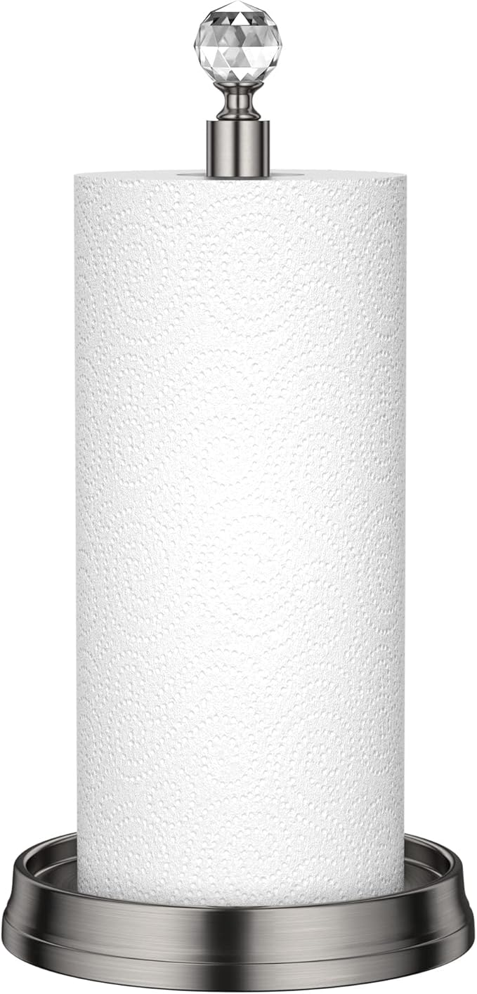 Paper Towel Holder with Crystal Ball - Steel Countertop Stand, Fits Standard & Jumbo Rolls, Brushed Nickel