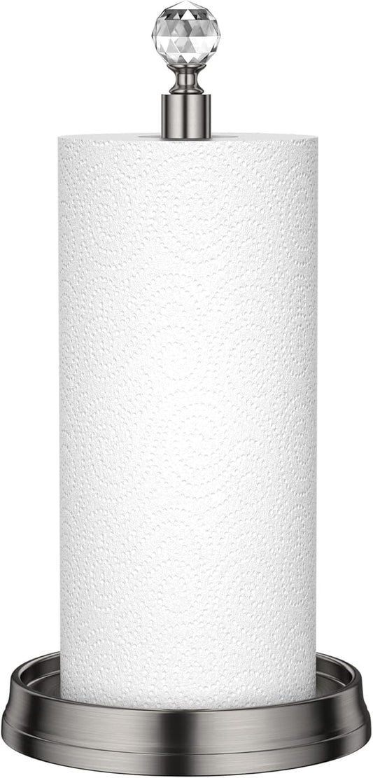 Paper Towel Holder with Crystal Ball - Steel Countertop Stand, Fits Standard & Jumbo Rolls, Brushed Nickel