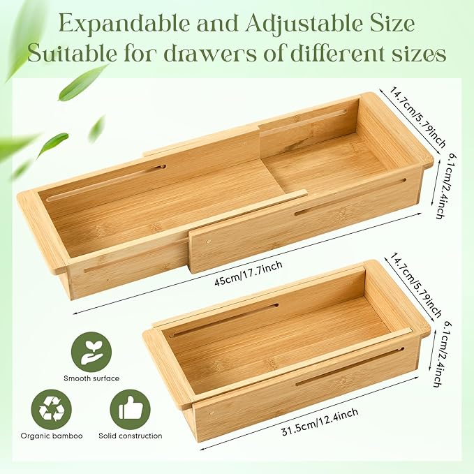 LemonRoad 1 Pcs Sliding Drawer Organizer Bin Bamboo Drawer Expandable Bins Utensil Organizer in Kitchen for Spoons Forks Knives