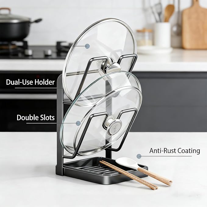 Kitchen Pot Lid Storage Rack - Pot Lid Organizer, Multifunctional Pot Lid Holder While Cooking, Rust-Resistant Carbon Steel, For Cutting Boards, Spoons, Utensils (Black-A, Double Layer)