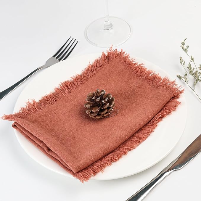 Handmade Cloth Napkins with Fringe,18 x 18 Inches Cotton Linen Napkins Set of 4 Versatile Handmade Square Rustic Fringe Napkins for Dinner, Wedding and Parties, Rose