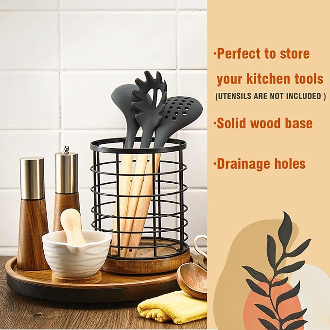 Utensil Holder for Kitchen Counter,Black Wire with Wooden Base Countertop Utensil Holder, Large Wooden Cooking Utensil Holder, Kitchen Utensil Organizer.