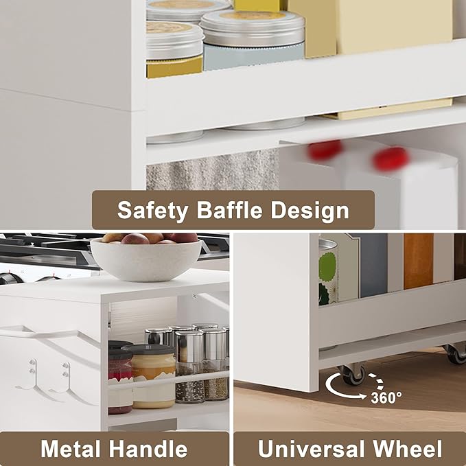 ChooChoo 4-Tier Bathroom Storage Cart, 7.87 inches Wide Narrow Storage Cabinet with 360° Wheels and 2 Hooks, Laundry Room Storage Organizer for Kitchen, Narrow Places, Living Room, White