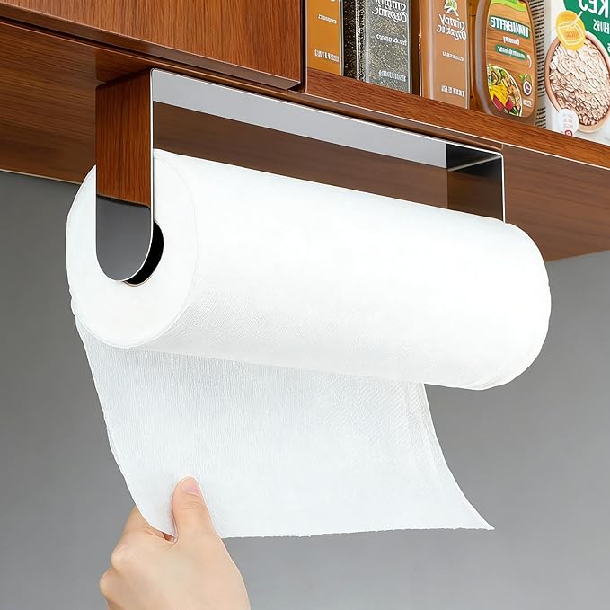 YIGII Self Adhesive Paper Towel Holder - Wall Mount Paper Roll Holder Under Cabinet, Polished SUS 304 Papertowel Holders, Stainless Steel, No Drilling (Polished Silver)