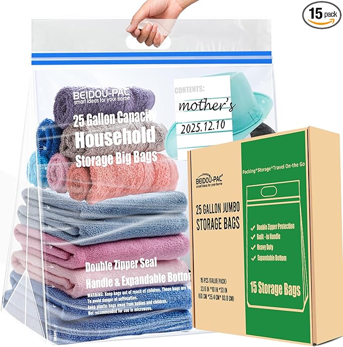 BEIDOU-PAC 25 Gallon Jumbo Storage Bags with Handle, 15 Count | Double Zipper Seal | Expandable Bottom, Resealable Clear zip Bags for Home, Travel, Moving, Commercial and Outdoor