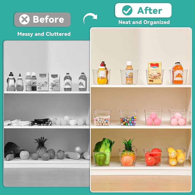 12 Pack Clear Plastic Storage Bins, Multi-Use Pantry Organizer and Storage Containers, Fridge Organizer Bins with Handles for Kitchen, Cabinet, Snack and Refrigerator Organization