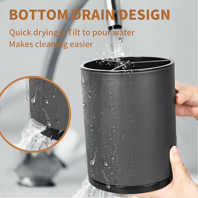 Extra Large Kitchen Utensil Holder - 360° Rotating Stainless Steel Cooking Utensil Holder for Countertop, 3 Compartment Flatware Organizer & Utensil Caddy with Removable Base（Grey）