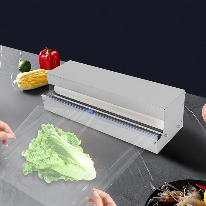 10''-18'' Cling Film Dispenser, Stainless Steel Food Wrap Sealer Packaging Machine Wrapper Cutter With 2 Replacement Blades & 4 Non-slip Feet for Fruit Vegetable & Meat Preservation