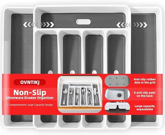 Non-Slip Expandable Silverware Drawer Organizer,7 Compartment Tasteless Large Capacity Thick Plastic Flatware Divider for Silverware, Stationery, Cosmetics – Minimalist Design and Premium Feel