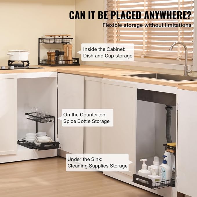 VEVOR 2 Tier Pull Out Cabinet Organizer(10.7"W x 14.2"D), Under Sink Organizer and Storage, Slide Out Drawer Cabinet Organizer, Wire Basket Sliding Storage, 12.5"Wx15.5"Dx13"H Install Size for Cabinet