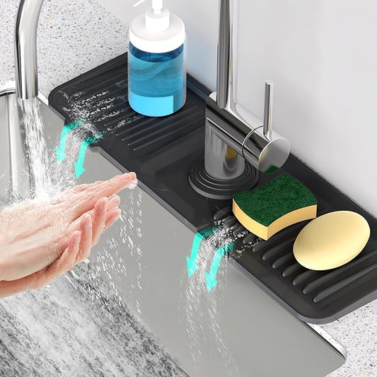 17.7inch Faucet Mat for Kitchen Sink [5°Slope Fast Self-draining] Kitchen Sink Splash Guard Silicone Kitchen Sink Faucet Mat Splash Guard for Kitchen Sink Area Tidy Splash Faucet Guard Draining Mat