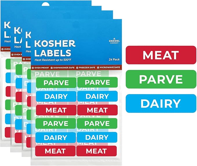 Assorted Kosher Labels, Blue Dairy, Red Meat, Green Parve Rectangle Design Stickers, Oven Proof up to 500°, Microwavable, Dishwasher Safe, English, Color Coded Kosher Kitchen Tools (96-Pack)