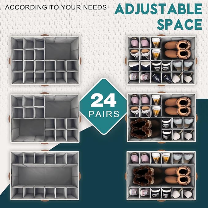 RONCHIL Shoe Organizer for Closet, Foldable Shoe Storage Bins with Clear Cover, Space Saving Shoes Holder with 4 Handles, Large Adjustable Shoe Box Storage Containers, Fits 12-24 Pairs, 2 Pack, Beige