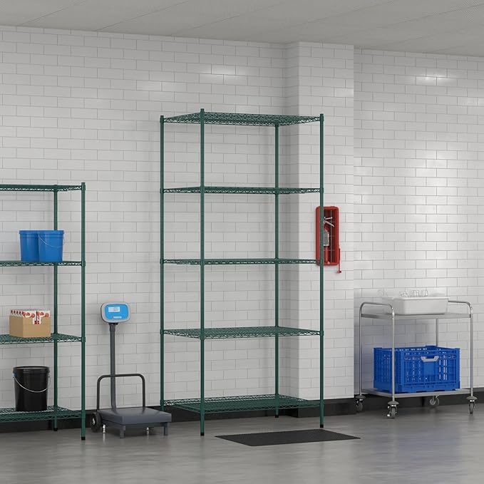 Commercial NSF Listed Green Epoxy Stationary Wire Shelving Kit 30" x 42" x 96", with 5 Shelves Perfect for Warehouse, Walk-in Refrigerator, Freezer, Grocery Store, Restaurant, Dishroom